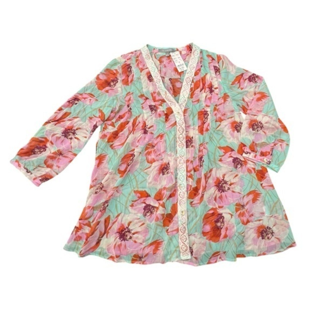 NY Collection Turquoise Red Floral Blouse Chiffon Lace Trim XS Oversized NWT $60